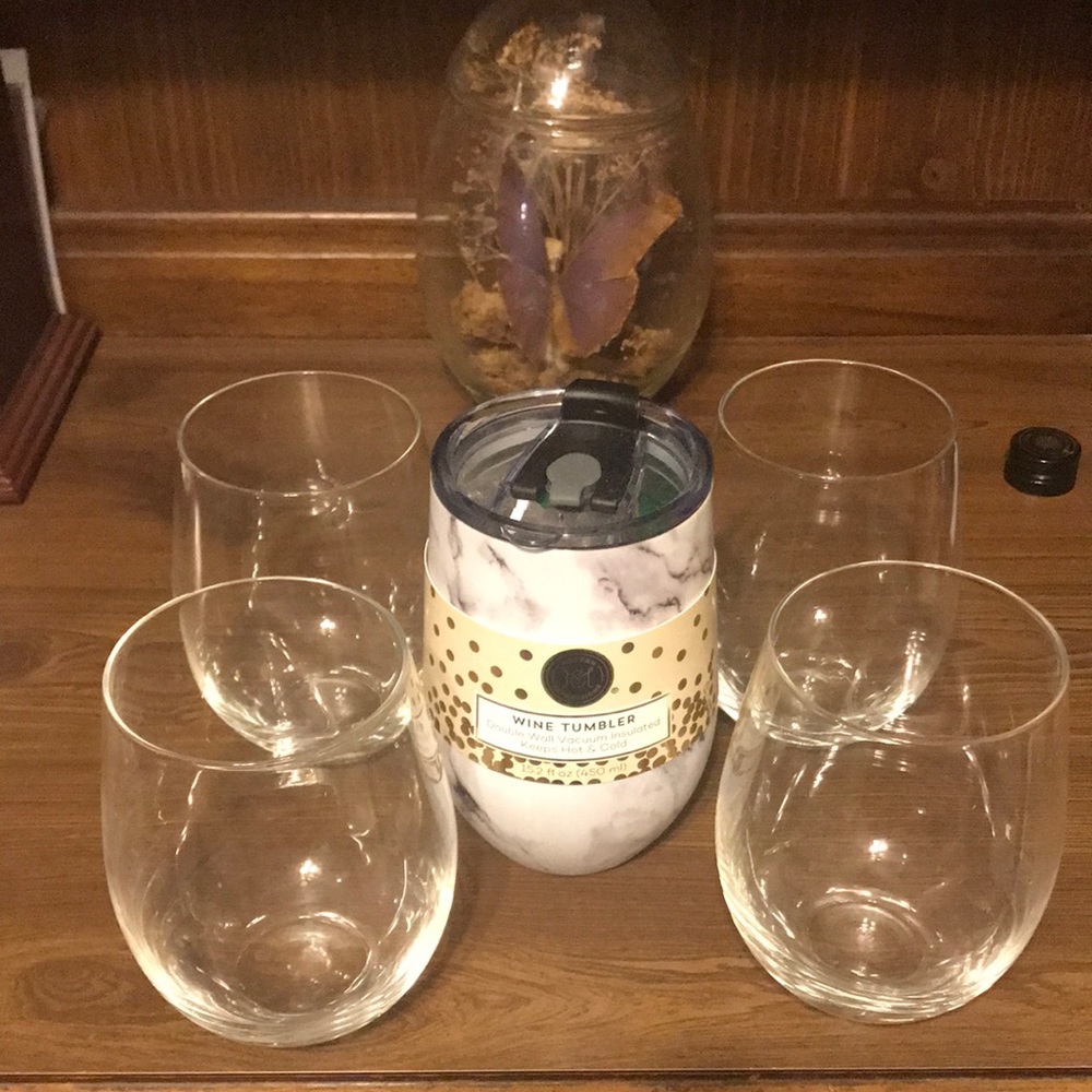 Four stemless wine glasses and bonus insulated tumbler